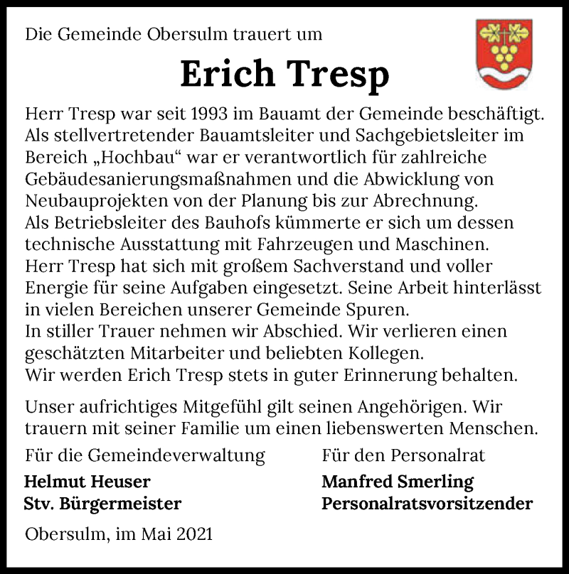  Traueranzeige für Erich Tresp vom 01.06.2021 aus GESAMT