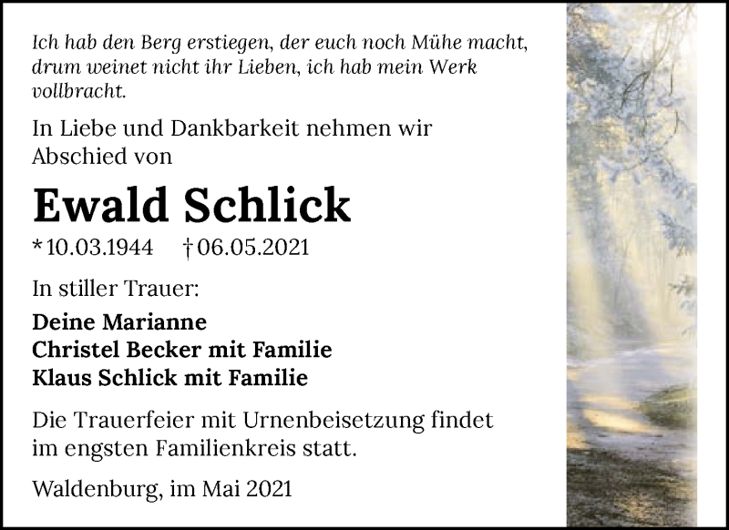  Traueranzeige für Ewald Schlick vom 15.05.2021 aus GESAMT