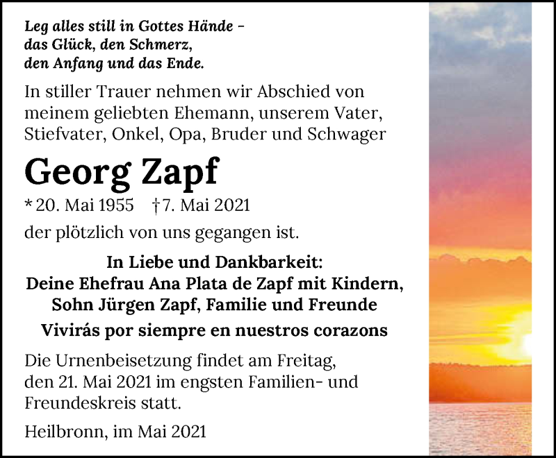  Traueranzeige für Georg Zapf vom 15.05.2021 aus GESAMT