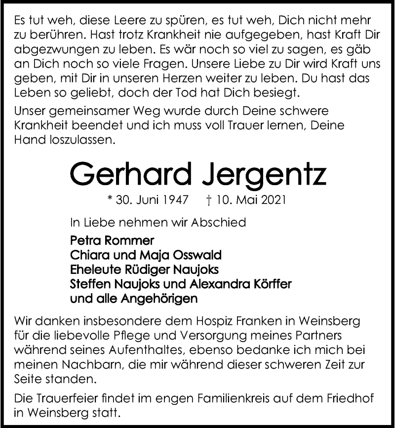  Traueranzeige für Gerhard Jergentz vom 15.05.2021 aus GESAMT