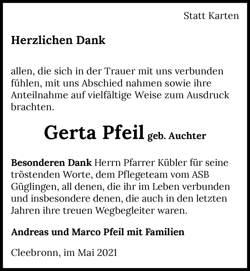  Traueranzeige für Gerta Pfeil vom 21.05.2021 aus GESAMT