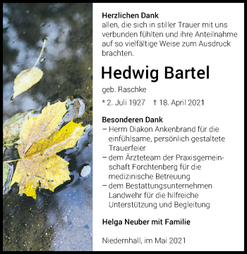 Traueranzeige von Hedwig Bartel von GESAMT