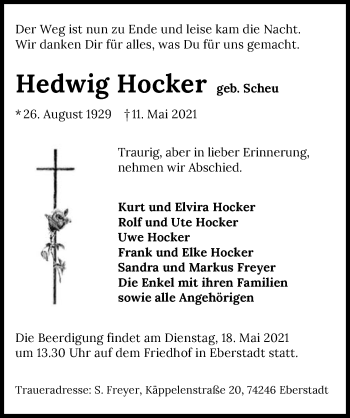 Traueranzeige von Hedwig Hocker von GESAMT
