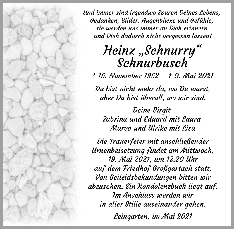  Traueranzeige für Heinz Schnurbusch vom 15.05.2021 aus GESAMT