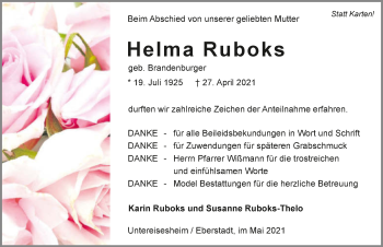 Traueranzeige von Helma Ruboks von GESAMT