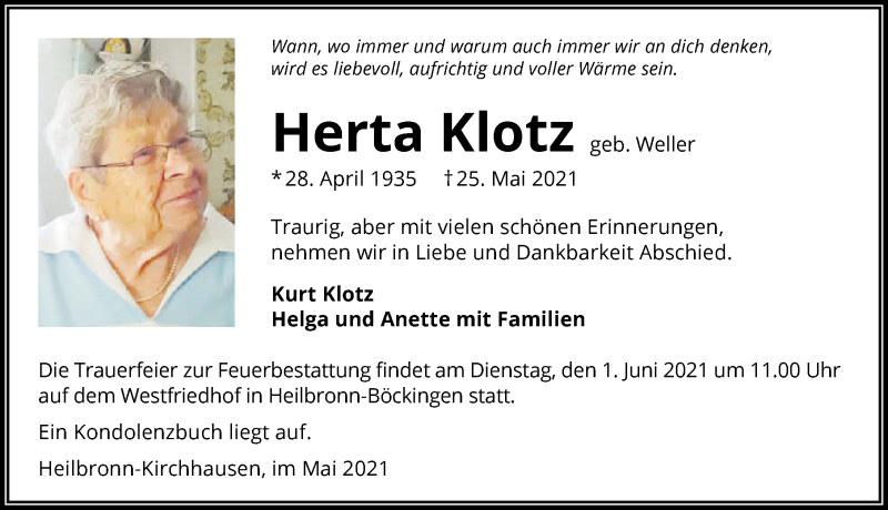  Traueranzeige für Herta Klotz vom 29.05.2021 aus GESAMT