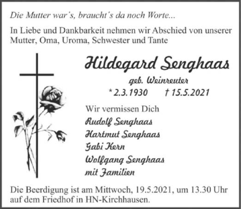  Traueranzeige für Hildegard Senghaas vom 18.05.2021 aus GESAMT