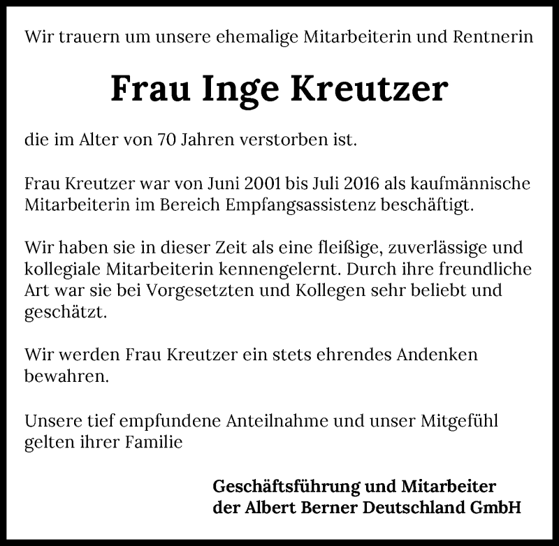  Traueranzeige für Inge Kreutzer vom 28.05.2021 aus GESAMT