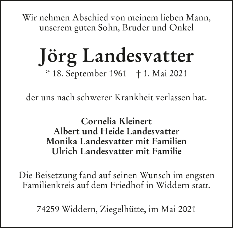  Traueranzeige für Jörg Landesvatter vom 14.05.2021 aus GESAMT