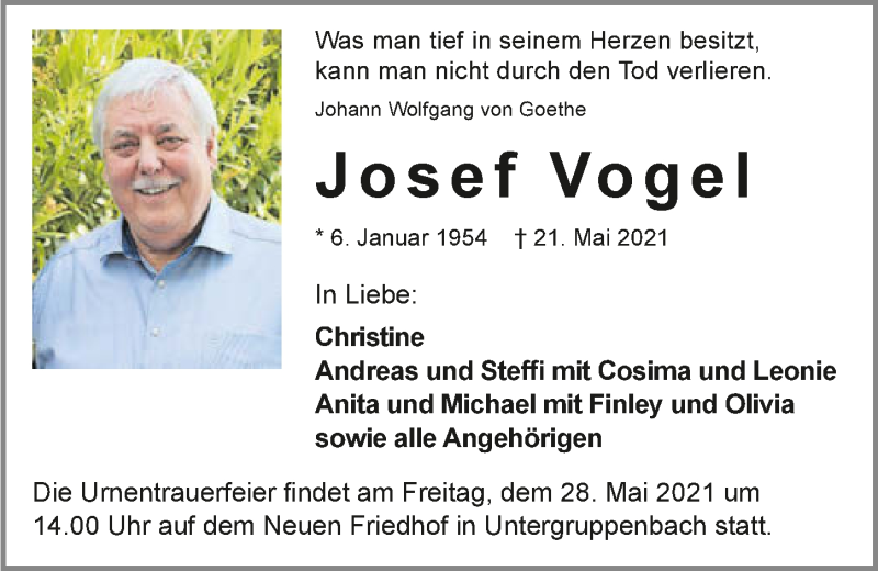  Traueranzeige für Josef Vogel vom 26.05.2021 aus GESAMT