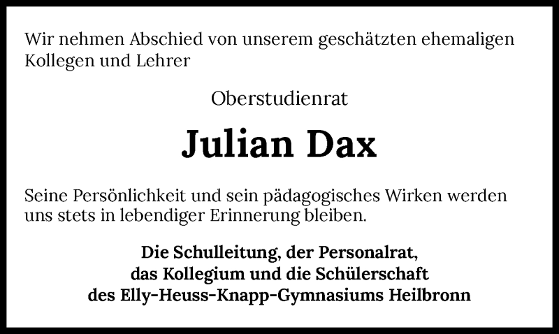  Traueranzeige für Julian Dax vom 15.05.2021 aus GESAMT