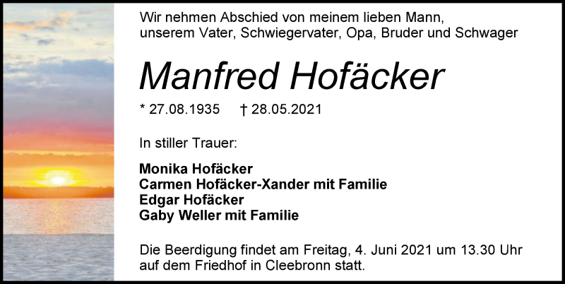  Traueranzeige für Manfred Hofäcker vom 01.06.2021 aus GESAMT