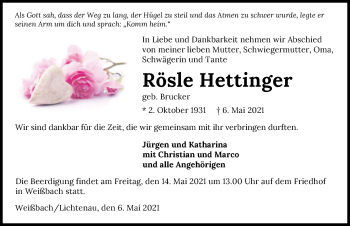 Traueranzeige von Rösle Hettinger von GESAMT