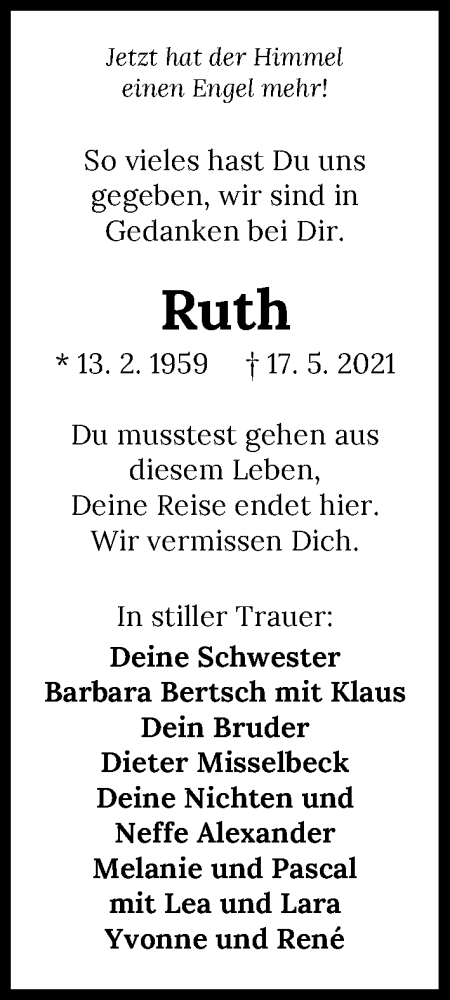  Traueranzeige für Ruth Pringsauf-Gast vom 29.05.2021 aus GESAMT