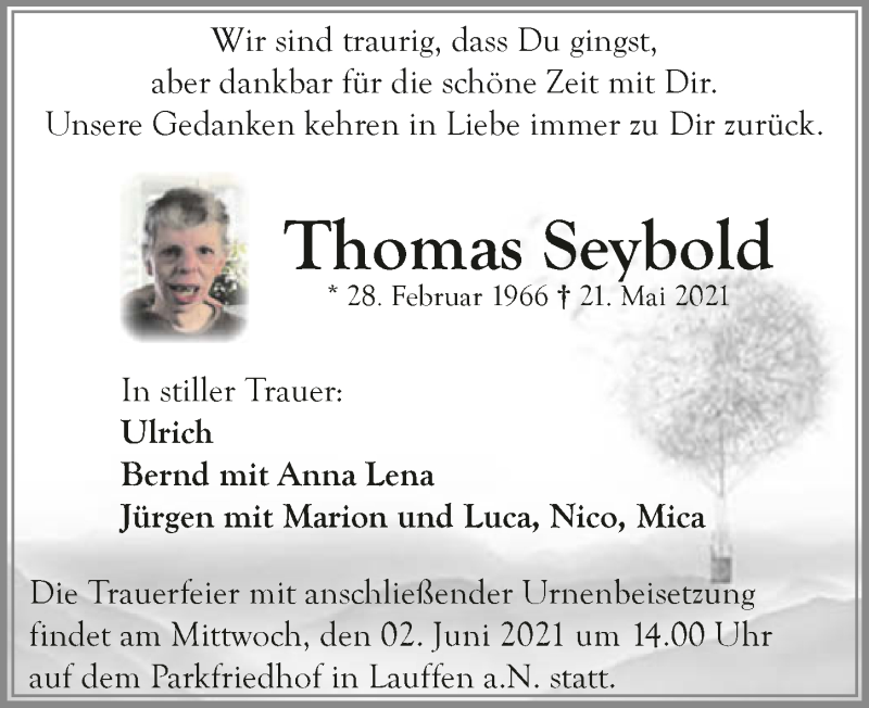  Traueranzeige für Thomas Seybold vom 29.05.2021 aus GESAMT