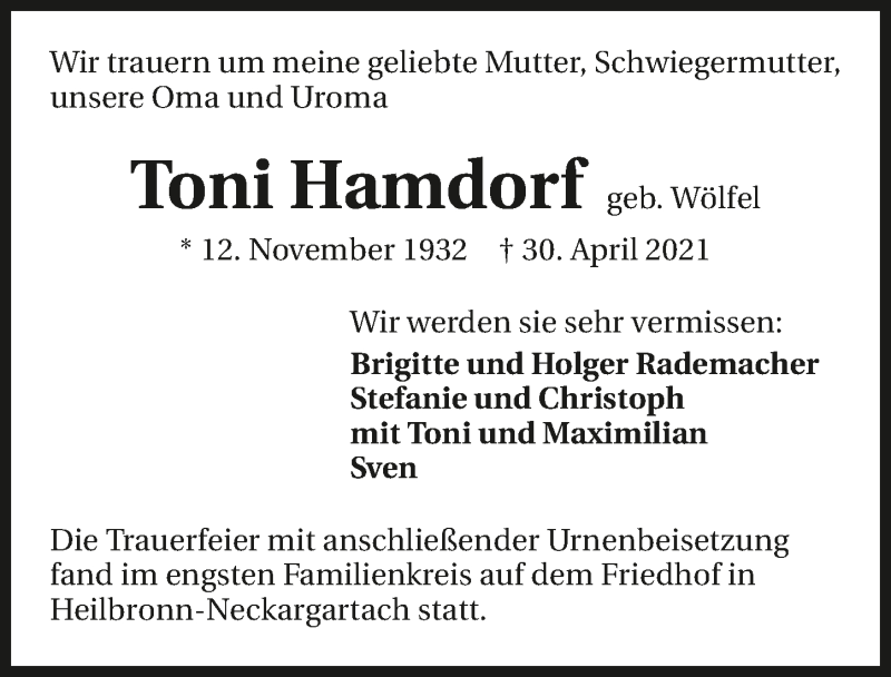  Traueranzeige für Toni Hamdorf vom 14.05.2021 aus GESAMT