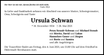 Traueranzeige von Ursula Schwan von GESAMT