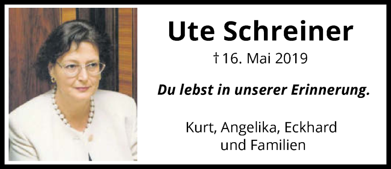  Traueranzeige für Ute Schreiner vom 15.05.2021 aus GESAMT