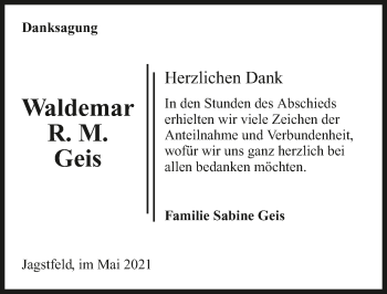 Traueranzeige von Waldemar R.M. Geis von GESAMT