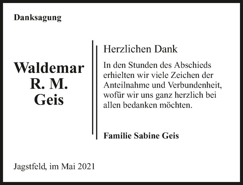  Traueranzeige für Waldemar R.M. Geis vom 29.05.2021 aus GESAMT