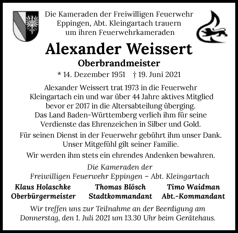  Traueranzeige für Alexander Weissert vom 29.06.2021 aus GESAMT