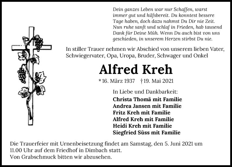  Traueranzeige für Alfred Kreh vom 02.06.2021 aus GESAMT