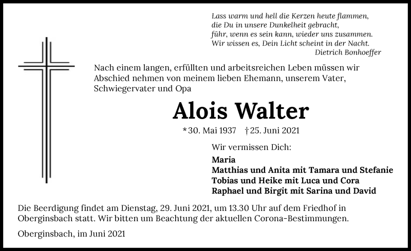  Traueranzeige für Alois Walter vom 29.06.2021 aus GESAMT