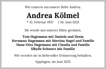 Traueranzeige von Andrea Kölmel von GESAMT