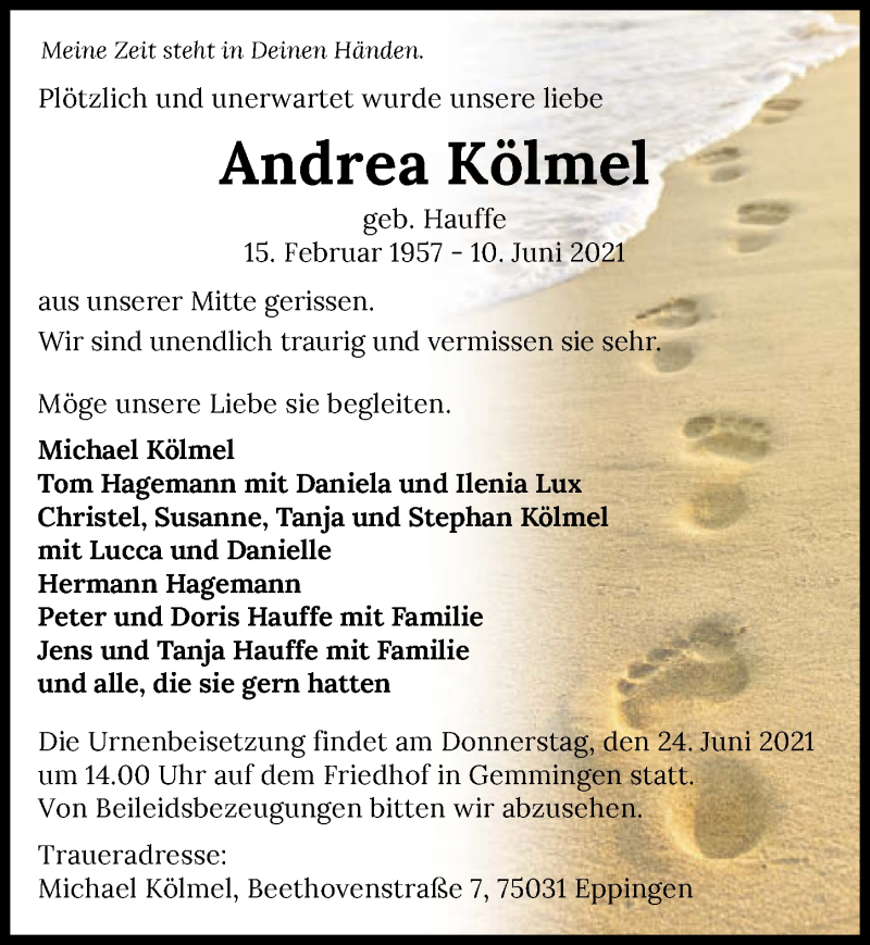  Traueranzeige für Andrea Kölmel vom 19.06.2021 aus GESAMT
