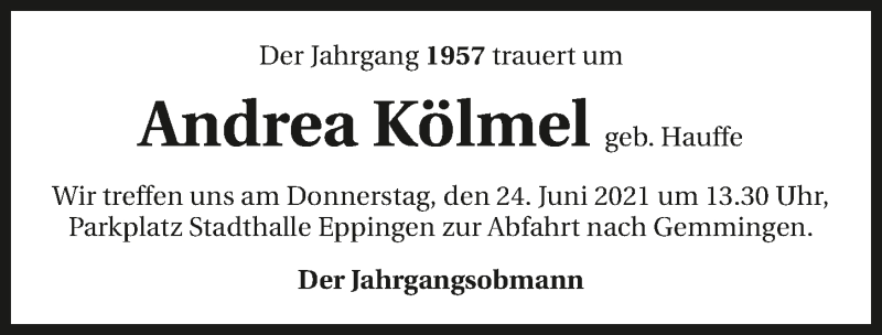  Traueranzeige für Andrea Kölmel vom 22.06.2021 aus GESAMT