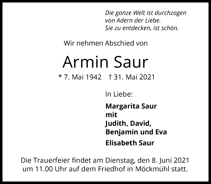  Traueranzeige für Armin Saur vom 05.06.2021 aus GESAMT