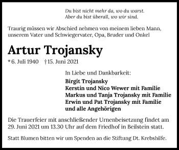 Traueranzeige von Artur Trojansky von GESAMT