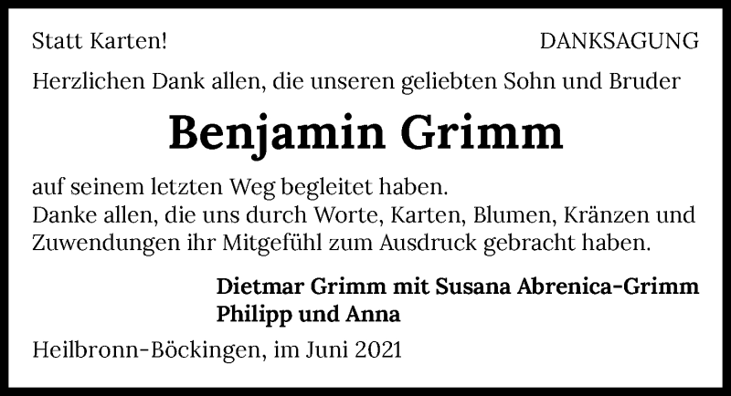  Traueranzeige für Benjamin Grimm vom 19.06.2021 aus GESAMT