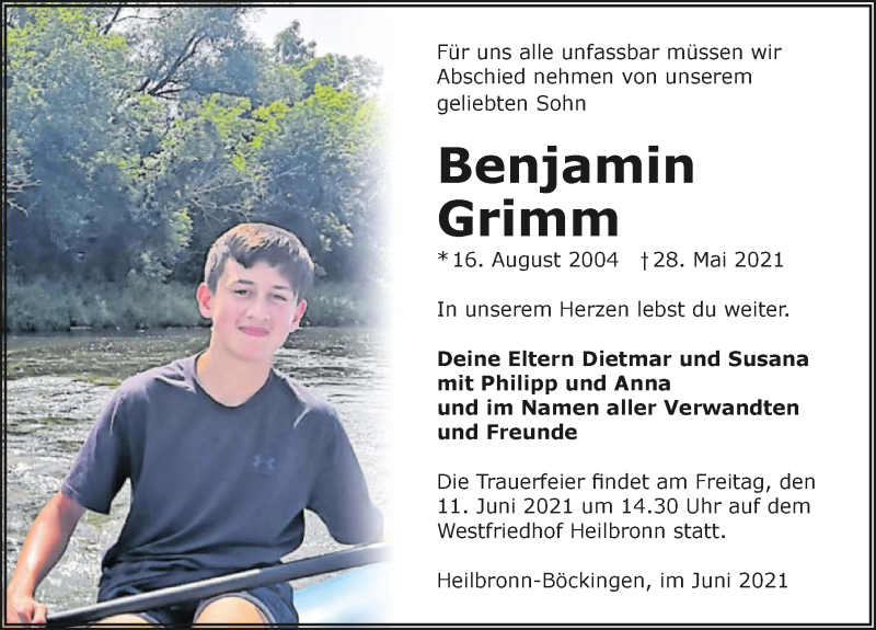  Traueranzeige für Benjamin Grimm vom 05.06.2021 aus GESAMT
