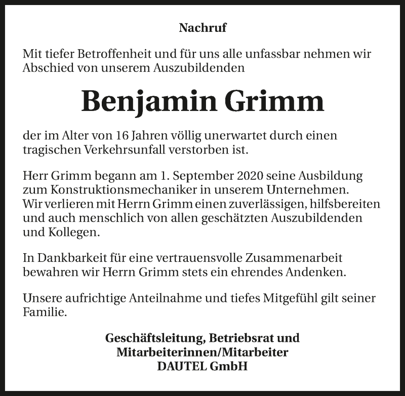  Traueranzeige für Benjamin Grimm vom 05.06.2021 aus GESAMT