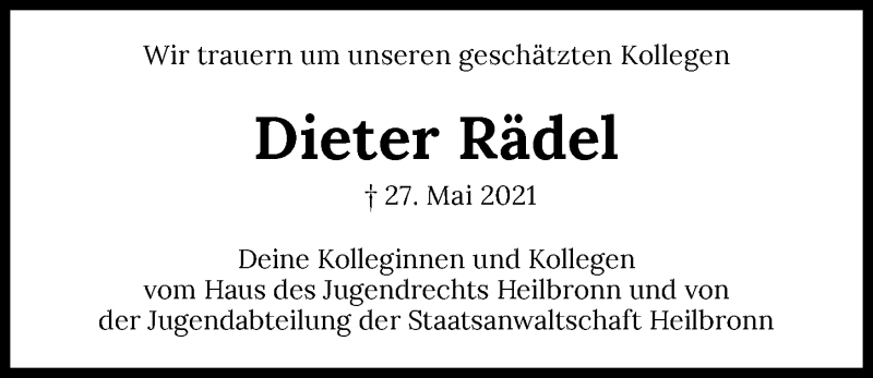  Traueranzeige für Dieter Rädel vom 05.06.2021 aus GESAMT