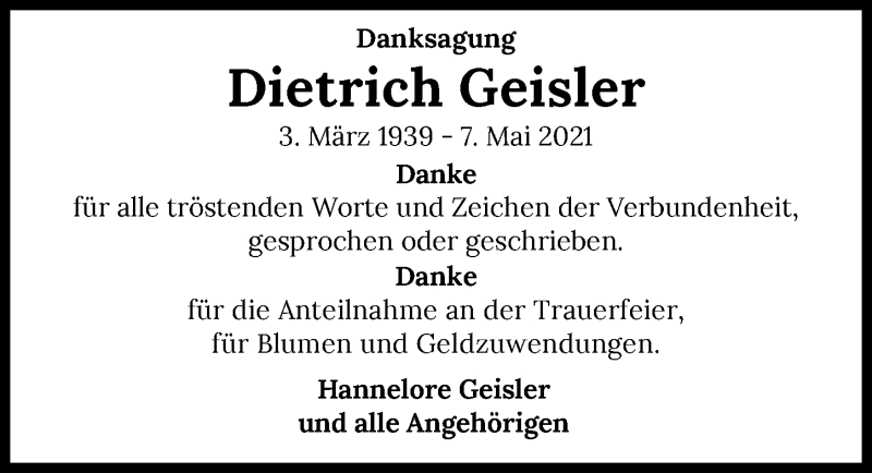  Traueranzeige für Dietrich Geisler vom 02.06.2021 aus GESAMT