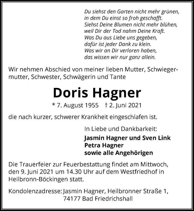 Traueranzeige für Doris Hagner vom 05.06.2021 aus GESAMT