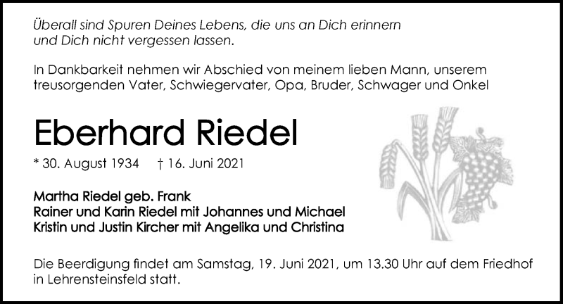  Traueranzeige für Eberhard Riedel vom 17.06.2021 aus GESAMT