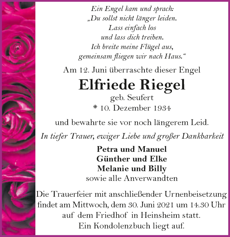  Traueranzeige für Elfriede Riegel vom 19.06.2021 aus GESAMT