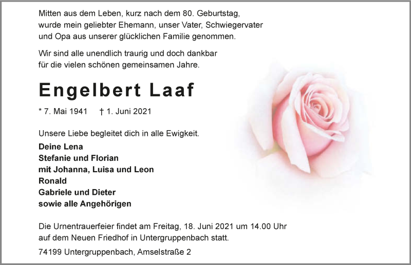  Traueranzeige für Engelbert Laaf vom 05.06.2021 aus GESAMT