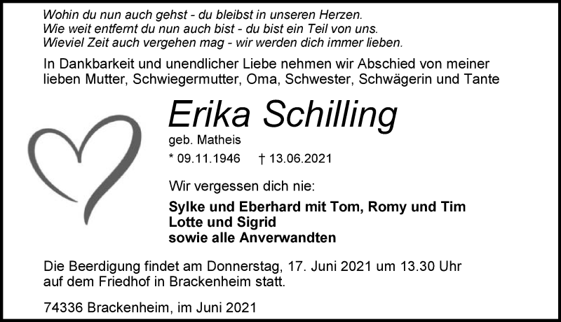  Traueranzeige für Erika Schilling vom 15.06.2021 aus GESAMT