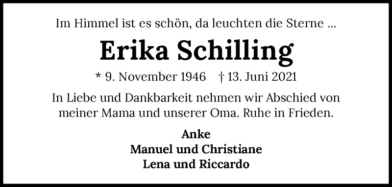  Traueranzeige für Erika Schilling vom 15.06.2021 aus GESAMT