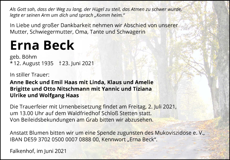  Traueranzeige für Erna Beck vom 29.06.2021 aus GESAMT
