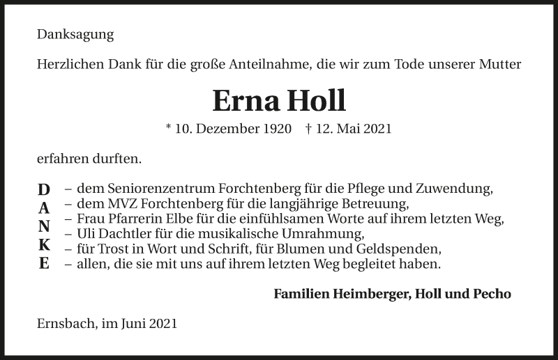  Traueranzeige für Erna Holl vom 04.06.2021 aus GESAMT