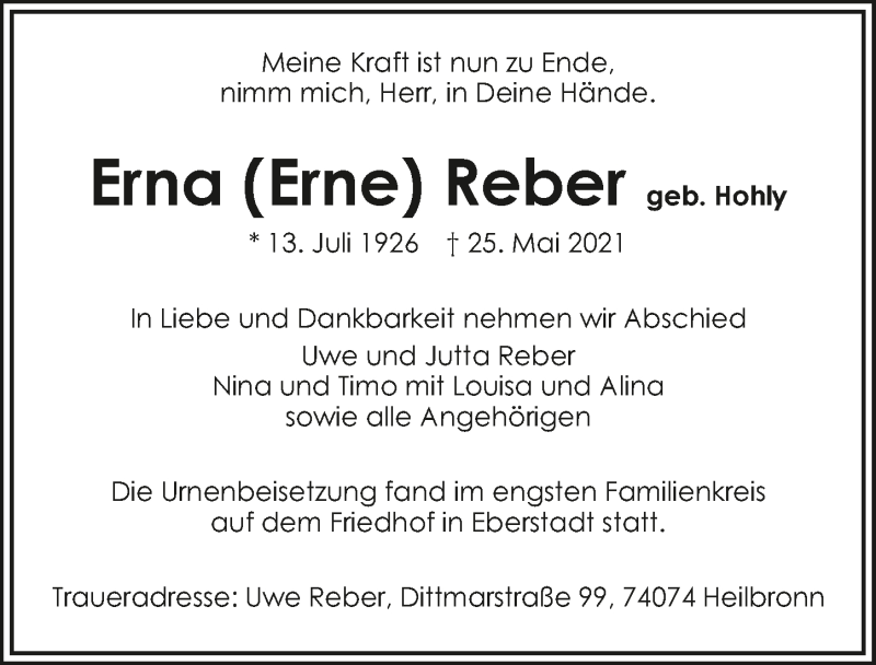  Traueranzeige für Erna Reber vom 04.06.2021 aus GESAMT