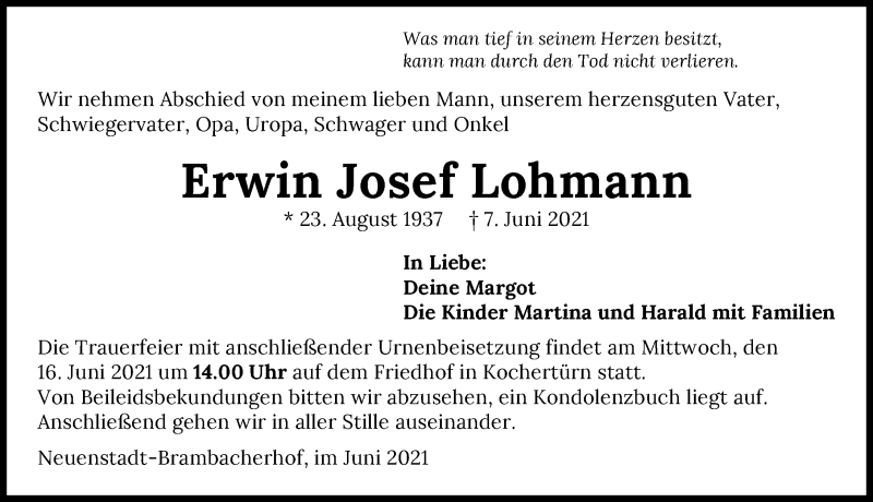  Traueranzeige für Erwin Josef Lohmann vom 15.06.2021 aus GESAMT