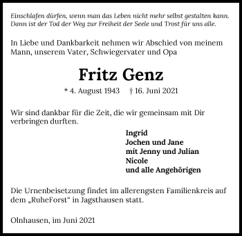 Traueranzeige von Fritz Genz von GESAMT