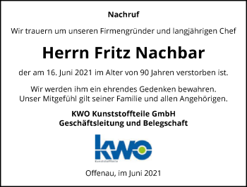 Traueranzeige von Fritz Nachbar von GESAMT