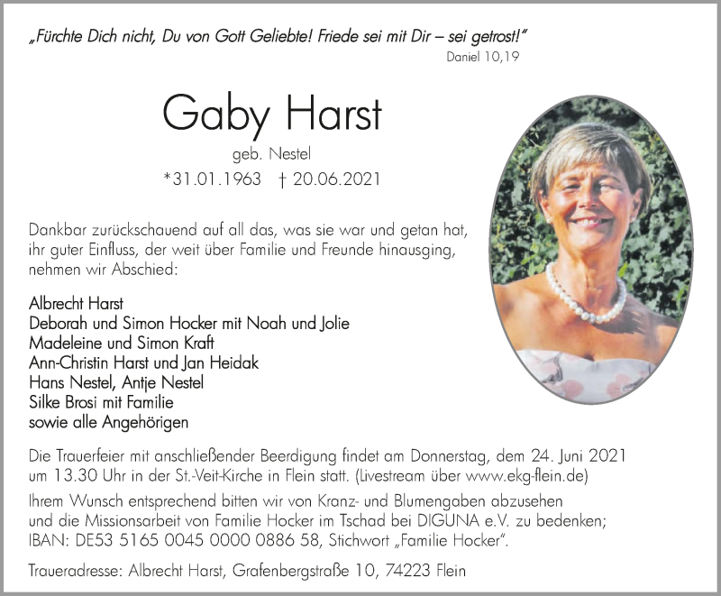  Traueranzeige für Gaby Harst vom 22.06.2021 aus GESAMT